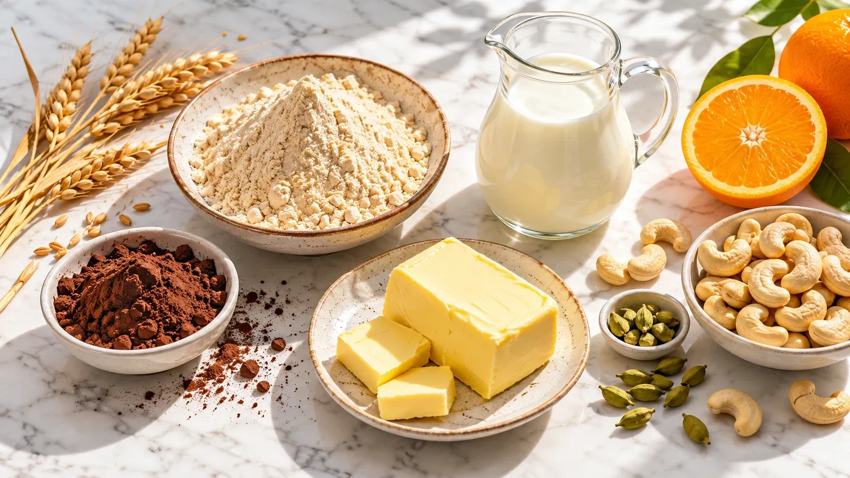 Wheat flour, butter, milk, cashews, cardamom, orange, cocoa and wheat ears laid out in morning sunlight