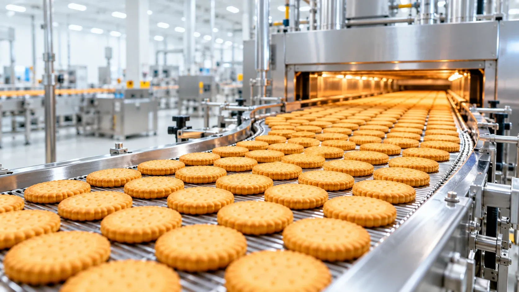 Golden round biscuits moving on a stainless steel conveyor out of a tunnel oven