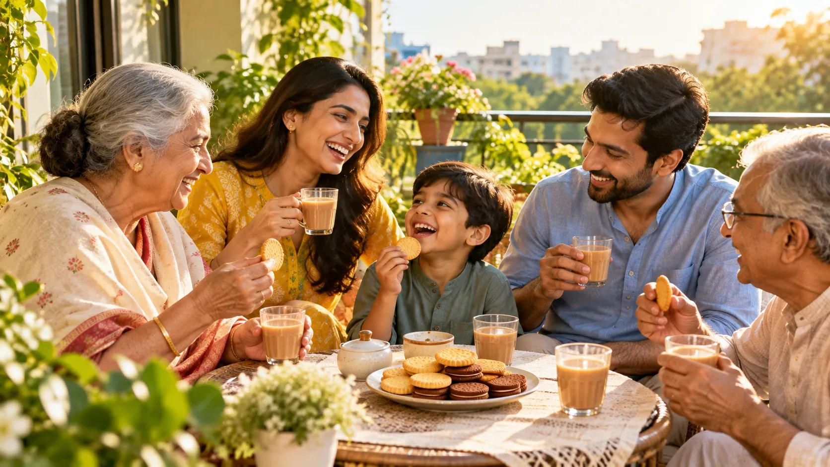 A family laughing over glasses of masala chai and a plate of biscuits on a sunny balcony