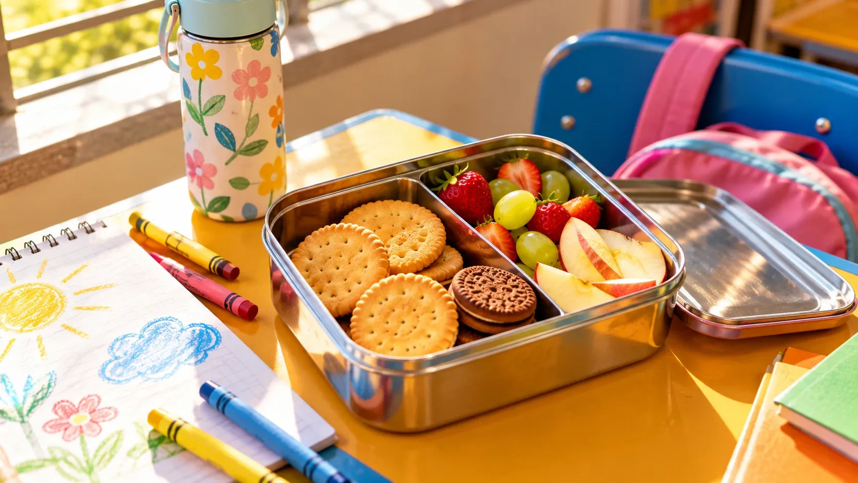 An open steel tiffin with golden biscuits, cream biscuits and fruit on a sunny school desk